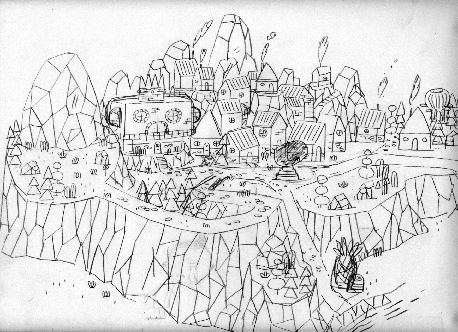 Esquisse du village de Patateland tel qu'imaginé par Patrick Doyon, l'illustrateur du jeu.