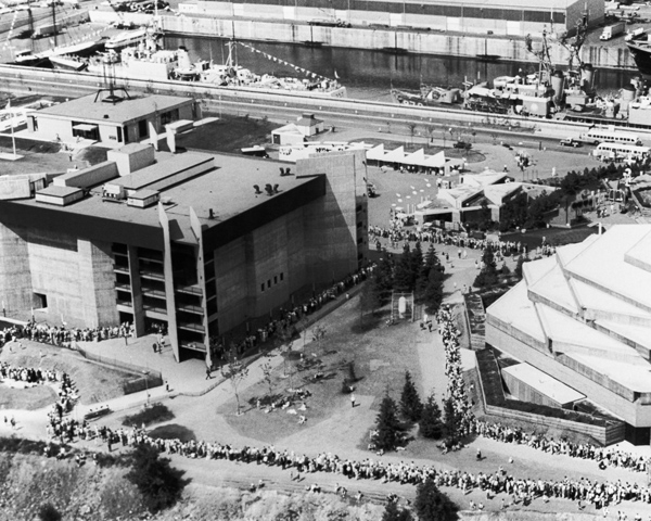 Line up to enter Labyrinth pavilion at Expo 67 Montreal