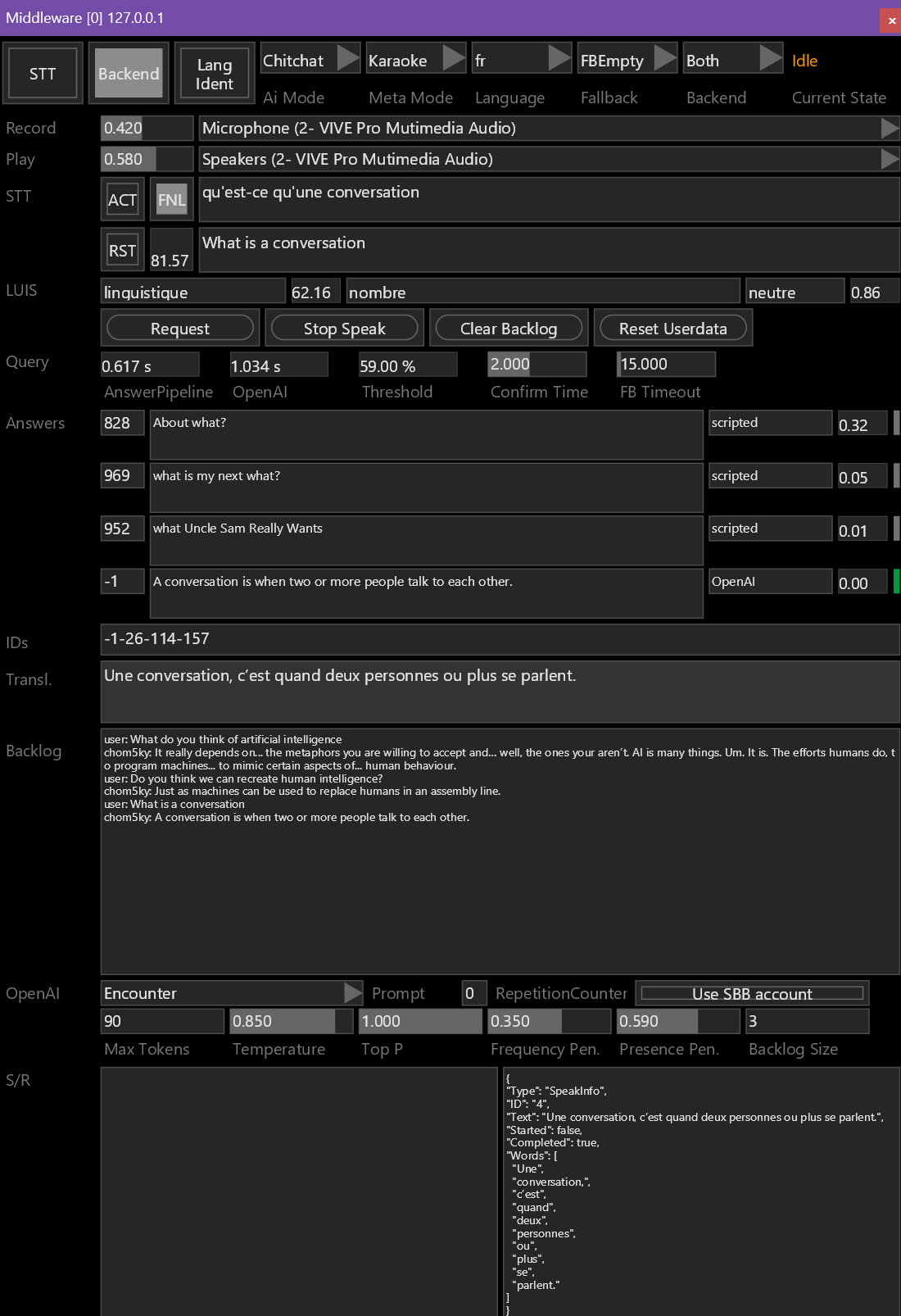 2e capture d'écran du « middleware », l'interface logicielle développée par SCHNELLE BUNTE BILDER afin de faire le pont entre outils du système conversationnel de CHOM5KY.